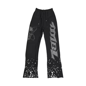 Pantalon évasé noir pour homme, taille élastique, imprimé par transfert thermique, style urbain, respirant, tricoté, pour l'automne - Product Image 1