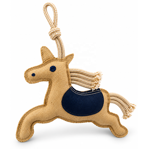 Juguete de Caballo Unicornio Hecho a Mano con Silla de Montar Azul Marino, Asa de Cuerda Trenzada y Cola con Borlas Anudadas para Juego Interactivo - Product Image 1