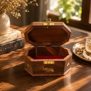 Wooden Jewelry Box Polygon Shape Carved Elephant Design Wabi Sabi Style <b>Storage</b> Box for Bedroom <b>Storage</b> Box Decorative Use - Product Image 4