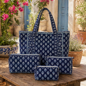 Conjunto de Bolsos de Mano de Algodón Acolchado con Estampado Azul, Plegables, Impermeables, con Bolsa de Cosméticos, Combo de Bolsos de Viaje para Mujer - Product Image 1