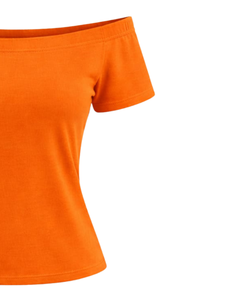T-shirt femme orange vif à épaules dénudées, manches courtes, coupe ajustée, décontracté, été, en coton doux, personnalisable, fabricant OEM - Product Image 2