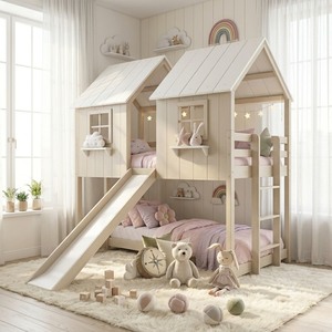 Twin Size Convertible <b>Wooden</b> <b>Bunk</b> <b>Bed</b> with Slide for Child Scandinavian Style Eco-friendly White and Pink Design - Product Image 1
