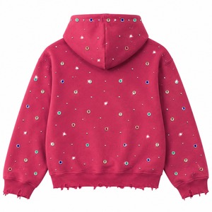 Custom Rhinestone <b>Zip</b> Up Hoodie Distressed Streetwear Heavyweight Fleece <b>Hooded</b> Sweatshirt Casual Fashion Unisex Wear - Product Image 2