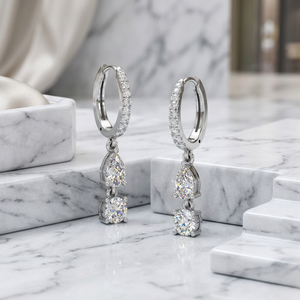 1.40 CTW Round and Pear <b>Diamond</b> Two-Stone Huggie Drop <b>Earrings</b> - Product Image 2