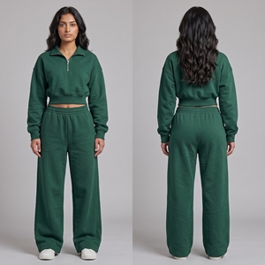 Ensemble 2 pièces pour femme : Sweat-shirt court à quart de zip et pantalon de survêtement large, noir, tenue décontractée, survêtement, logo personnalisé OEM - Product Image 6