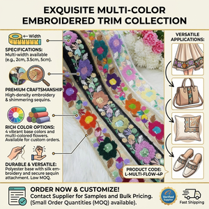 Exclusivo Diseño Floral de Encaje Bordado Multicolor 100% Poliéster para Calzado, Calidad de Exportación al por Mayor OEM - Product Image 6