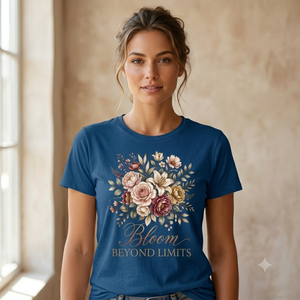 Camiseta de Cuello Redondo con Estampado Floral Azul Marino para Mujer, Marca Bloom Limits, Corte Ajustado, Manga Corta, Primavera/Verano, Informal, 100% Algodón Jersey, 180g - Product Image 1