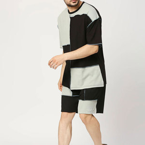 Econex Sports Men's Cotton Patchwork <b>Knitted</b> Breathable T-Shirt and Shorts <b>Set</b> Casual Summer Wear Black Gray Color Block Design - Product Image 5