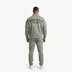 Sweat-shirt d'entraînement pour homme en molleton bouclette 400 GSM, col zippé, couleur sauge, coupe oversize à épaules tombantes, personnalisable avec motif OEM - Product Image 2