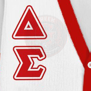 Cardigan Sorority Delta blanc et rouge contrastant, broderie de lettres grecques DST, en molleton de coton tricoté, à manches longues et col en V, pour femme - Product Image 5