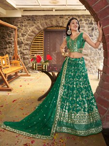 <b>Green</b> <b>Silk</b> Jacquard Floor-Length A-Line Lehenga Choli Set Zari Floral Embroidered Dupatta Wedding Party Women - Product Image 2
