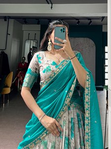 Dola Chex Floral Printed with Zari Weaving Work Wrinkle Free Stretchable Diwali Lehenga Choli - Product Image 5