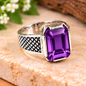 Amethyst Sterling <b>Silver</b> <b>Ring</b>, <b>Emerald</b> Cut Purple Gemstone Men's <b>Ring</b>, Vintage Engraved <b>Silver</b> Statement Jewelry - Product Image 3