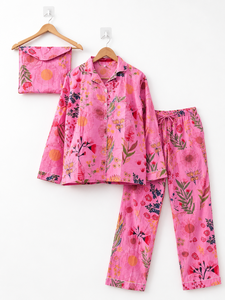 100% Cotton Printed Leopard <b>Pajama</b> Set for Women Summer Night <b>Suit</b> Eco-Friendly Sleepwear Set Shirt Pant Pouch Soft Loungewear - Product Image 1