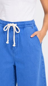 Women's XS Knitted Woven <b>Light</b> Blue Denim Loose Fit Mid Waist Jeans <b>Trouser</b> with Drawstring Right Side Logo Travel-Friendly - Product Image 3