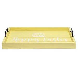 Bandeja de Servir de Madera de Alta Calidad con Diseño Impreso de Feliz Pascua en Color Amarillo y Asa de Hierro Negra, Disponible para Uso - Product Image 3