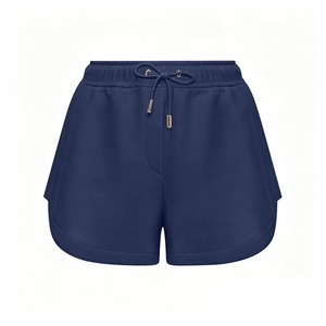 Shorts pour femmes bleu marine à taille haute avec cordon de serrage, tricotés, couleur unie, coupe ample, décontractés, avec poches, respirants - Product Image 1