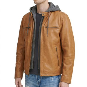 Chaqueta de Cuero para Hombre con Capucha, Cuello Camisero, Cierre de Cremallera, Estilo Motero, Color Sólido, Manga Regular, para Otoño - Product Image 4