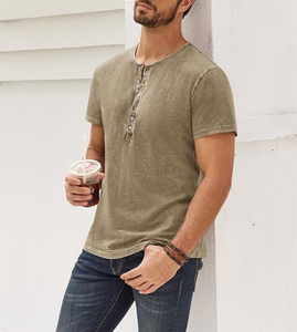 Chemises Henley OEM en gros, style vieilli, rétro, à manches courtes, décontractées, boutonnées, lavées, pour hommes, 100% coton, 240 GSM - Product Image 4