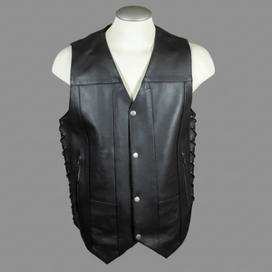 <b>Men</b>’s Motorcycle Riding Leather Vest Durable Black Biker Waistcoat with Side Laces & <b>Utility</b> Storage Quick Shipping - Product Image 5