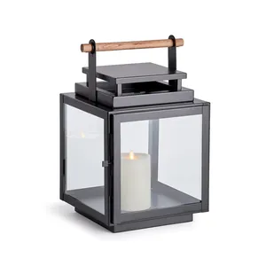 Lanterne moderne en acier inoxydable avec poignée en bois et panneaux en verre pour la Saint-Valentin, activités religieuses, décoration intérieure/extérieure - Product Image 1