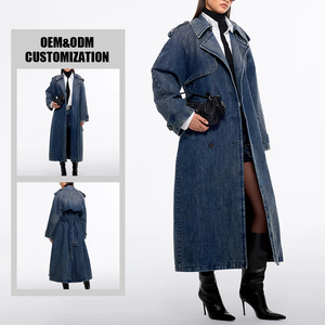 Gabardina Larga de Mezclilla Azul para Mujer, Chaqueta Cruzada con Cuello de Solapa y Cinturón - Product Image 2