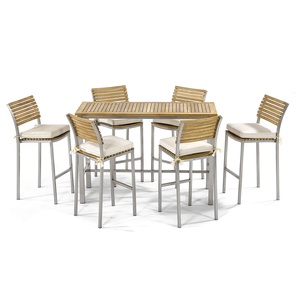 Ensemble de bar d'extérieur contemporain en teck avec structure en aluminium et sièges rembourrés pour usage en jardin, fabriqué en Indonésie - Product Image 1