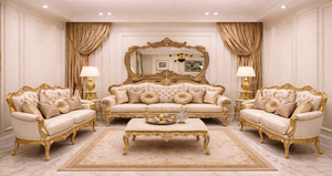 Ensemble de canapés à dossier haut Princely pour maison de style manoir, style baroque, en bois de teck, meubles de salon sculptés en or royal, USA - Product Image 2