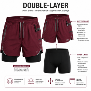 Shorts de sport 2 en 1 pour hommes |   Vêtement de sport d'été respirant avec coque extérieure et collants de compression intérieurs, personnalisation de la marque disponible - Product Image 2