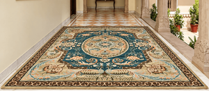 Tapis classique oriental à motifs floraux vert-bleu, sur mesure, tufté à la main, avec base antidérapante - Product Image 1