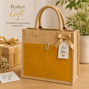 Sac fourre-tout réutilisable en jute de taille moyenne avec fermeture à bouton, poignée longue, couleur moutarde, option logo personnalisé, pour courses - Product Image 4