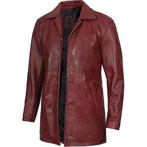 Manteau long en cuir véritable pour homme, col à revers cranté, simple boutonnage, coupe droite, rouge - Product Image 1