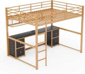 Solid Wood Loft Full <b>Bed</b> Frame <b>with</b> Desk, Drawers & <b>Storage</b> Shelves – Built-In USB Charging Station, Space-Saving Design - Product Image 3
