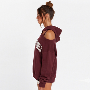 Women's <b>Off</b> The <b>Shoulder</b> Hooded <b>Sweatshirt</b> Custom Distressed Letter <b>Sweatshirt</b> <b>Off</b> the <b>Shoulder</b> Heavyweight 440 GSM Hooded - Product Image 3