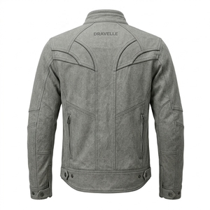 Mens Motorcycle Biker Jacket Custom Grey Washed Denim Tactical Panel Seam Snap Collar Cafe Racer Outerwear <b>Coat</b> - Product Image 2