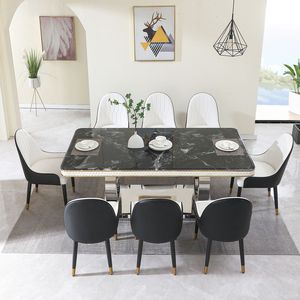 Tavolo da pranzo moderno di lusso da 78.7 pollici nero con piano in finto marmo e tavolo da pranzo con Base a doppio cerchio - Product Image 2
