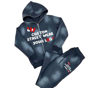 Sudadera con capucha de felpa francesa personalizada al por mayor, estilo vintage desgastado, con lavado ácido, de gran tamaño, de peso pesado, conjunto de 2 piezas con pedrería - Product Image 2