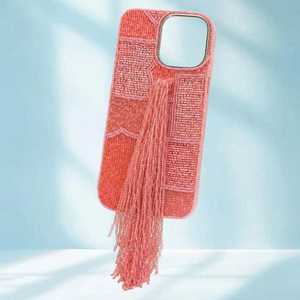 Étui de téléphone brodé à la main en perles de verre roses avec pompon, thème ange, en tissu polyester, broderie rectangulaire - Product Image 1