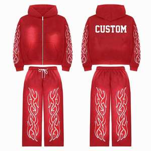 Ensemble de survêtement rouge personnalisé à capuche avec imprimé flamme, streetwear unisexe adulte, sweat-shirt à fermeture éclair et pantalon, effet délavé soleil - Product Image 1