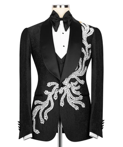 <b>Men</b>’s Black Designer Embroidered Wedding Tuxedo Jacket – Slim Fit Shawl Lapel Blazer with White Crystal Floral Work for <b>Groom</b> - Product Image 2