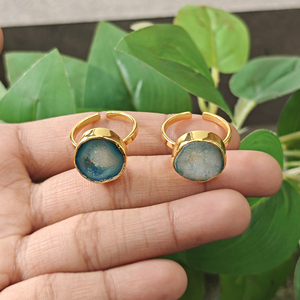 Natural Aqua Druzy Agate Raw Gemstone Bezel Setting Japanese <b>Adjustable</b> <b>Rings</b> 18k Gold Plated Brass Unique New Fashion Women - Product Image 2