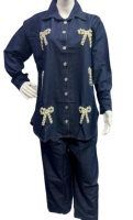 Malaisie nouvelle version modeste cordon floral ensemble vêtements Denim Blouse pantalon deux pièces femmes Coord ensembles en gros inde
