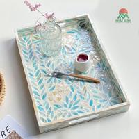 Plateau décoratif bleu, plateau de service vintage fait main en nacre pour le petit-déjeuner ou la table basse