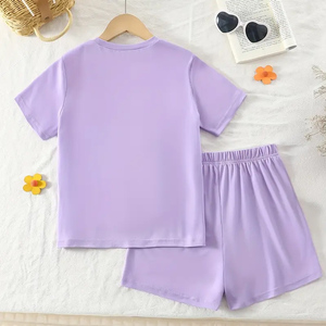Conjunto de Verano de 2 Piezas para Bebés Niñas, Camiseta Morada y Pantalones Cortos de Algodón, Estampado Floral, Cuello Redondo, Manga Corta, Transpirable - Product Image 3