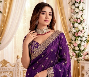 Sari de Seda Morado Elegante de AARA Fashion con Bordado Dorado, Protección Solar, para Todas las Estaciones, para Bodas, Estilo Indio-Pakistaní - Product Image 4