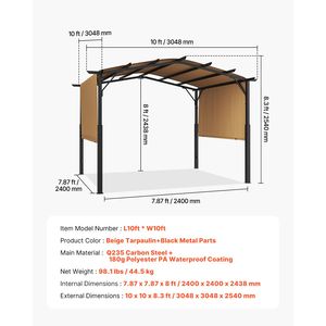 Pergola Retrattile da Esterno 3x3 m con Tettoia Parasole, Gazebo Grande in Metallo con Copertura Arcuata per Patio - Product Image 6