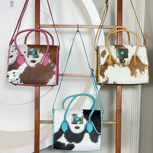 New Personalized Handmade Hair On Cowhide Leather Tote Bag with Braided Handle Tooled Leather With Turquoise Concho Shoulder Bag - Product Image 4