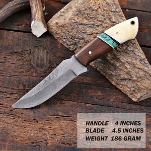 Cuchillo de Hoja Fija de Acero de Damasco Fabricado por OEM/ODM, Mango de Palisandro y Hueso, Funda Cruzada, Espiga Completa, para Caza y Camping - Product Image 2