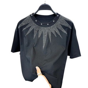 Nouveau T-shirt de luxe pour homme, orné de strass effet soleil, noir, brillant, à manches courtes, style streetwear, idéal pour les soirées - Product Image 1
