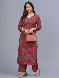 Red Digital Print Cotton Quick Dry Ethnic <b>Kurta</b> Set <b>Women</b> Regular Fit Knee-Length Casual Wear India Pakistan Style All Seasons - Product Image 1
